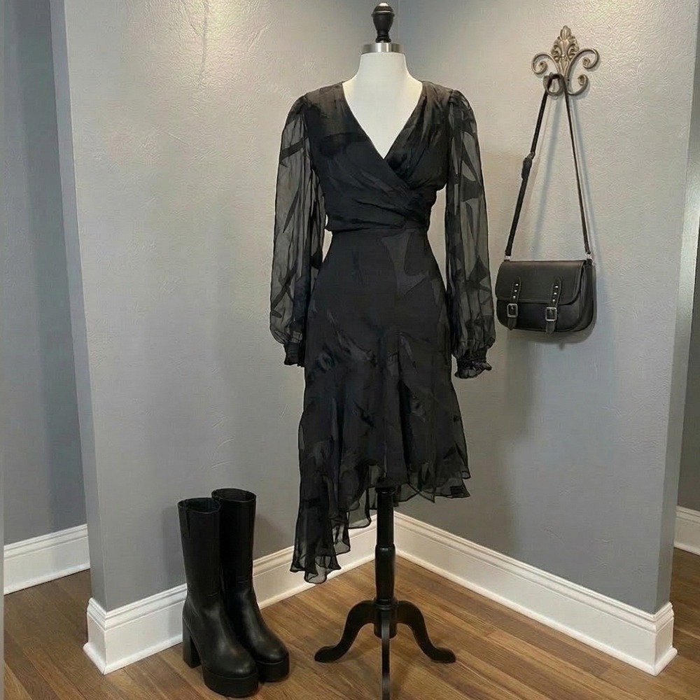 DKNY Black Asymmetrical Hem Flowy Dress‎ Size 4 Chiffon Formal